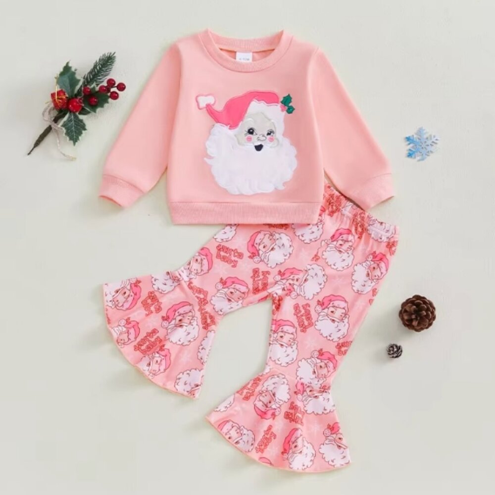 Christmas Santa Girls Pink Bell Bottoms Outfit Set